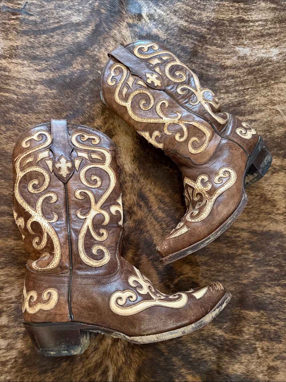 Tony Lama Brown Leather Western Boots with Cream Embroidery